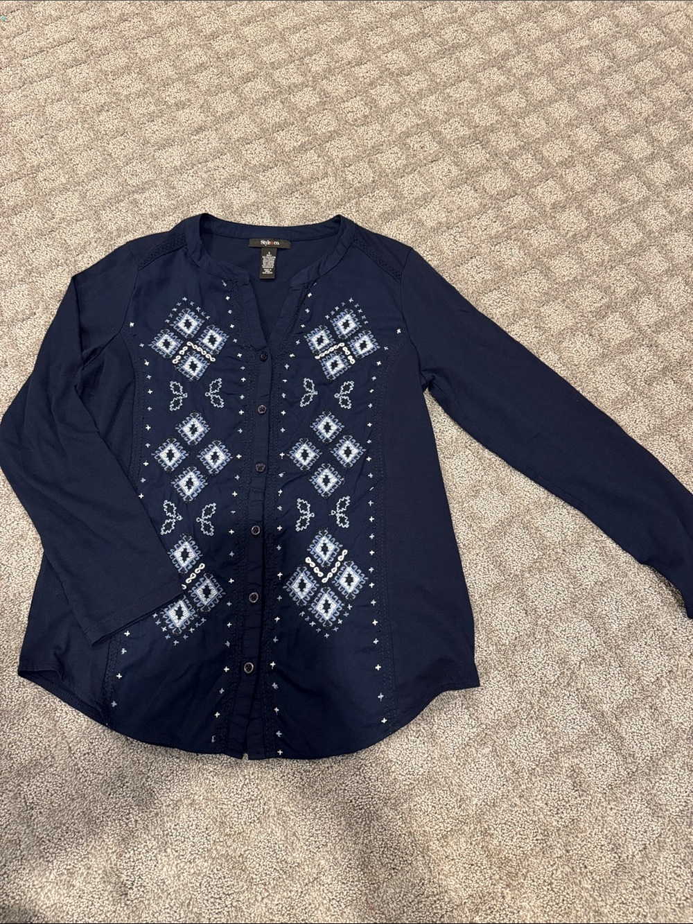 Style & Co. Navy Embroidered Button-Front Shirt